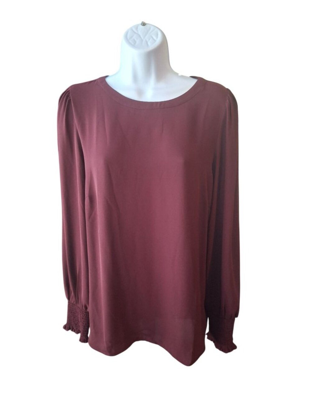 LOFT Womens M Burgundy Puff Sleeve Blouse Smocked Cuff Romantic Career Work Top